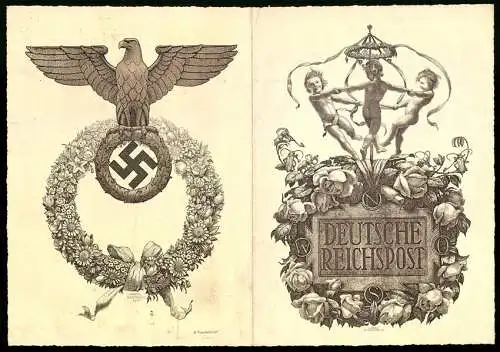 Telegramm Deutsche Reichspost, 1938, Adler und  auf Kranz, Putten mit Blumenornamenten