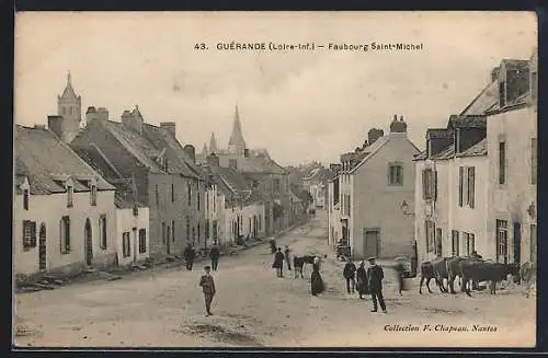 AK Guérande, Faubourg Saint-Michel avec habitants et chevaux dans la rue