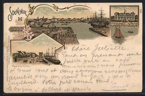 Lithographie Saint-Nazaire, Souvenir avec vues du Vieux Bassin, Place de la Marine et Quai des Docks