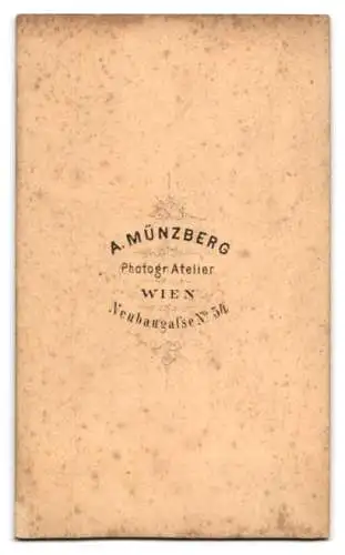 Fotografie A. Münzberg, Wien, Neubaugasse 54, Dame in gestreiftem Kleid neben einem Stuhl