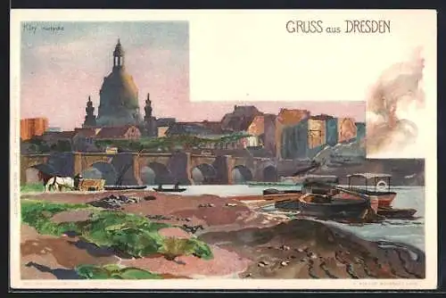 Künstler-AK Heinrich Kley: Dresden, Ortspartie mit Brücke und Booten