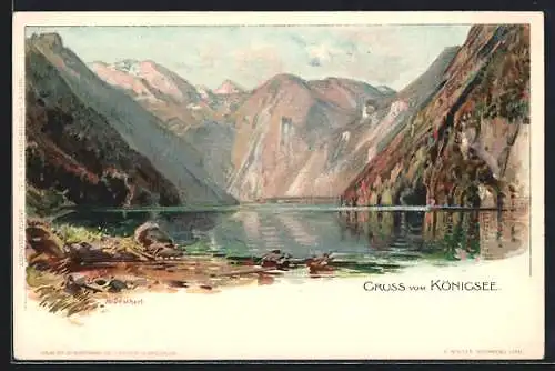 Künstler-AK Heinrich Deuchert: Königssee / Berchtesgaden, Ortsansicht mit Bergen