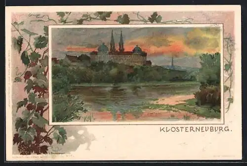 Lithographie Klosterneuburg, Stift im Abendlicht, von Weinreben gerahmt