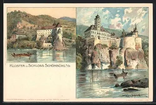 Künstler-AK Schönbühel an der Donau, Kloster und Schloss vom Wasser aus