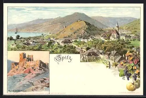 Lithographie Spitz, Ruine Hinterhaus, Panorama m. Kirche