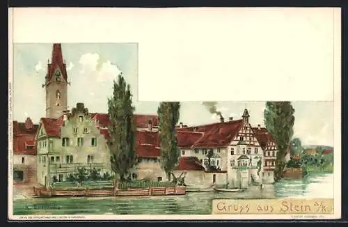 Lithographie Stein a. R., Häuser am Fluss-Ufer