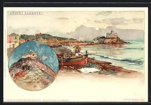 Künstler-Lithographie Manuel Wielandt: Sestri Ponente, Madonna del Gazzo, Ortsansicht