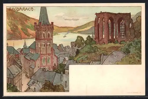 Künstler-Lithographie Franz Hein: Bacharach, Ansicht mit Ruine