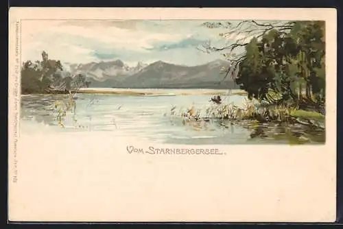 Lithographie Starnberg, Starnbergersee mit Bergen