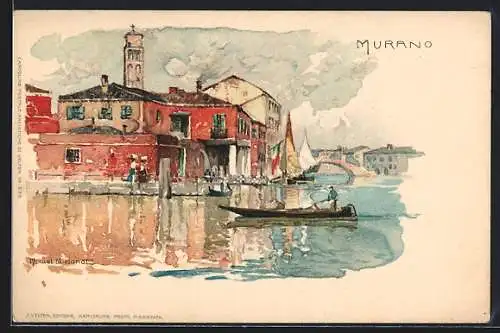 Künstler-Lithographie Manuel Wielandt: Murano, Ortspartie mit Kirche