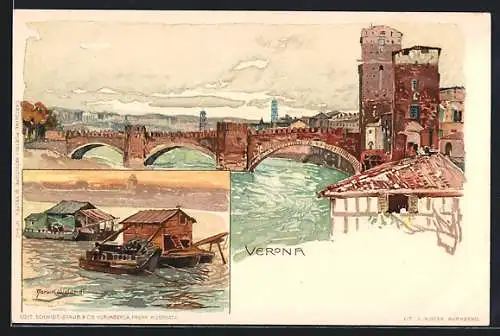 Künstler-AK Manuel Wielandt: Verona, Ortsansicht mit Brücke und Holzbooten