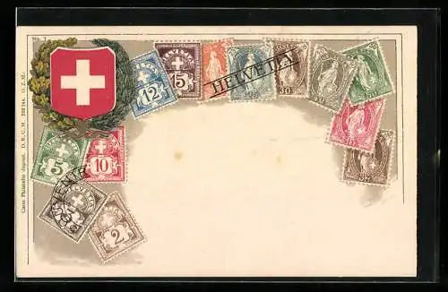 AK Schweizer Briefmarken und Wappen