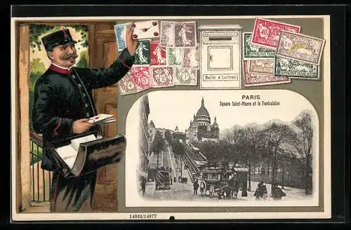 Passepartout-Lithographie Paris, Square Saint-Pierre et le Funiculaire, Postbote, Briefmarken