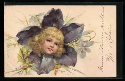 Lithographie Blonder Kinderkopf in einer blauen Blüte