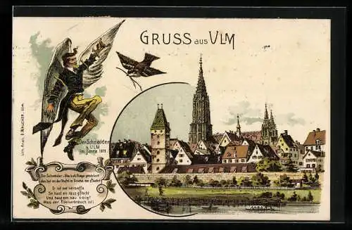 Lithographie Ulm / Donau, der Schneider von Ulm, Flugversuch um 1811, Ortsansicht