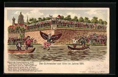 Lithographie Ulm / Donau, Der Schneider von Ulm fliegt im Jahre 1811 zwischen Kähnen auf der Donau