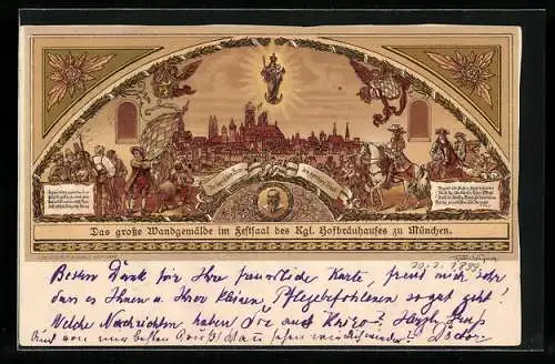 AK München, Münchner Hofbräuhaus, grosses Wandgemälde im Festsaal, Innenansicht, Mutter Gottes, Engel