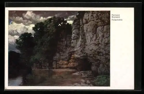 Künstler-AK Hermann Rüdisühli: Felsenhöhle, wolkiger Himmel