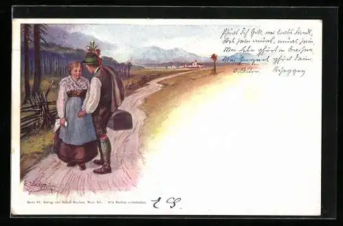 Künstler-AK E. Döcker: Frau im Dirndl und Bursche mit Truhe auf einer Landstrasse