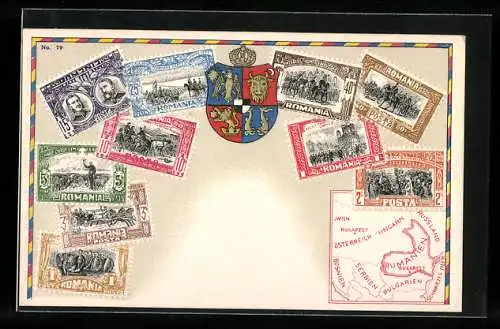 Künstler-AK Romania, Briefmarken, Landkarte mit Serbien, Bulgarien & Bosnien, Wappen