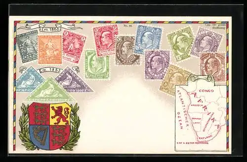 Künstler-AK Cap der guten Hoffnung, Landkarte mit Angola, Kapland, und Congo, Briefmarken und Wappen