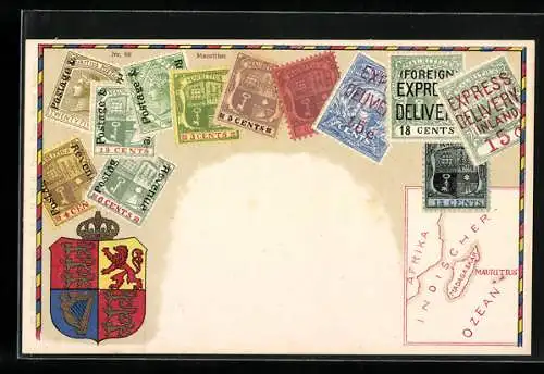 Lithographie Briefmarken von Mauritius verschiedener Werte, Landkarte der Inseln östlich von Afrika, Wappen mit Krone