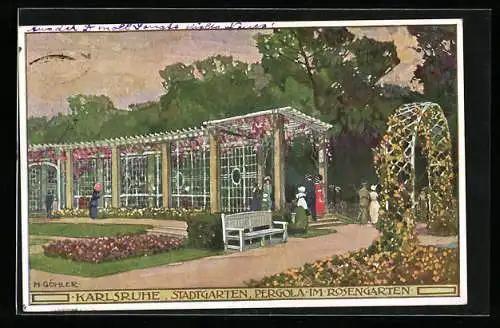 Künstler-AK Karlsruhe, Stadtgarten, Pergola im Rosengarten