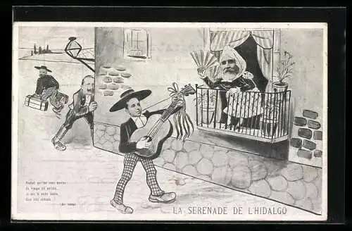 AK La Serenade de l'Hidalgo, Alfonso XIII. von Spanien musiziert für Präsident Loubet auf einer Gitarre