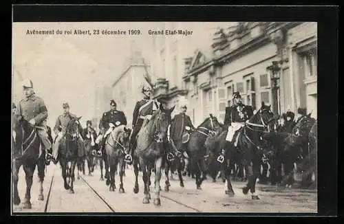 AK Roi Albert von Belgien, Avenement 23 decembre 1909, Soldaten auf Pferden