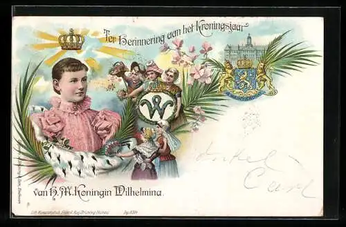 Lithographie Königin Wilhelmina von den Niederlanden, Festkarte zum Krönungsjahr, Wappen und Palast
