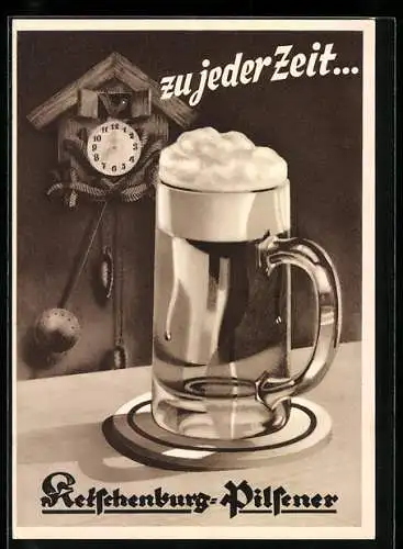 AK Brauerei-Werbung, Ketschenburg-Pilsener, Bierglas und Kuckucksuhr