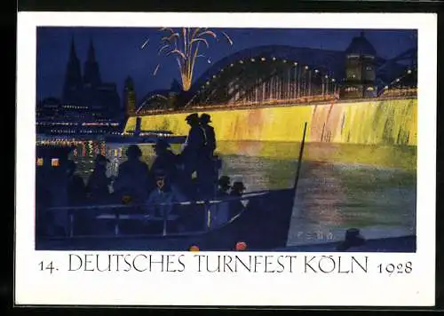 AK Köln, 14. Deutsches Turnfest 1928, Rheinpartie bei Nacht