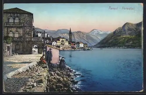 AK Perast, Uferpartie mit Kirchturm