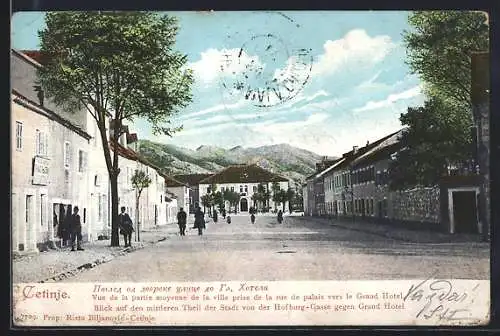 AK Cetinje, Blick in die Hofburg-Gasse gegen das Grand Hotel