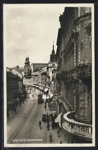 AK Linz, Landstrasse mit Strassenbahn