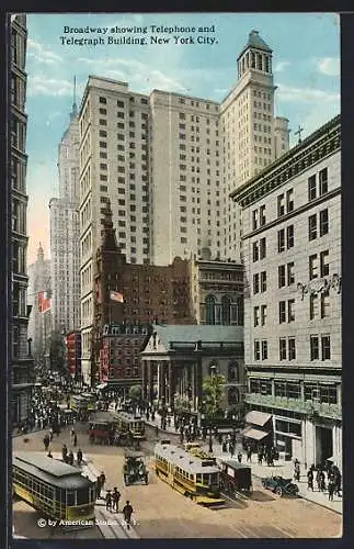 AK New York City, Broadway showing Telephone and Telegraph building, Strassenbahn