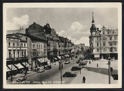 AK Bromberg, Strasse mit Platz, Turmgebäude u. Strassenbahn aus der Vogelschau