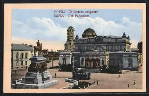 AK Sofia, Parlament mit Reiterdenkmal und Strassenbahn aus der Vogelschau