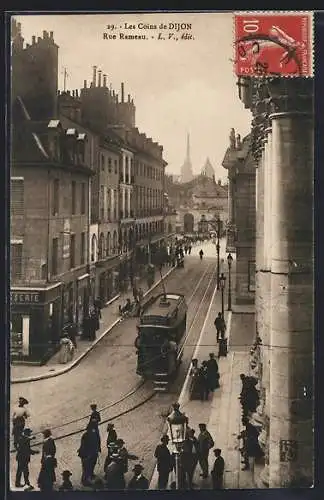 AK Dijon, Rue Rameau, Strassenbahn