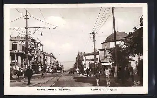 AK Salonique, Rue Egnatia, Strassenbahn
