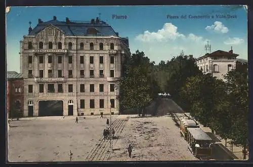 AK Fiume, Piazza del Commercio e Viale Deak, Strassenbahn