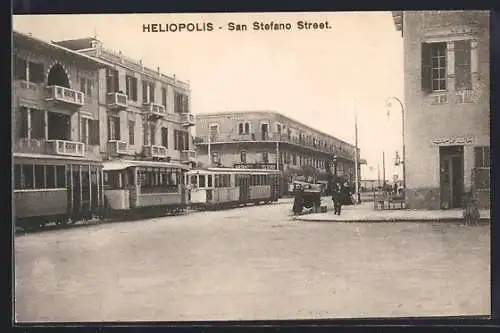 AK Heliopolis, San Stefano Street, Strassenpartie mit Strassenbahn