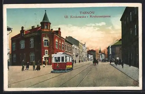 AK Tarnów, Krakauergasse mit fahrender Strassenbahn