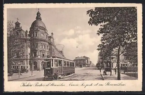 AK Krakau, Posthaus und Strasse Alte Weichselgasse, Strassenbahn