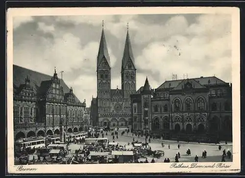 AK Bremen, Rathaus Dom und Börse mit Strassenbahn