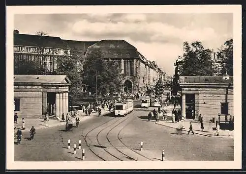 AK Berlin, Leipziger Platz mit Blick in die Leipziger Strasse, Strassenbahn