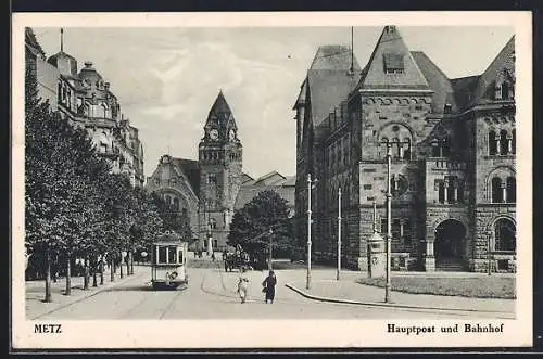 AK Metz, Hauptpost und Bahnhof, Strassenbahn