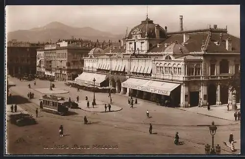 AK Nice, place Masséna, restaurant du Casino, Strassenbahn