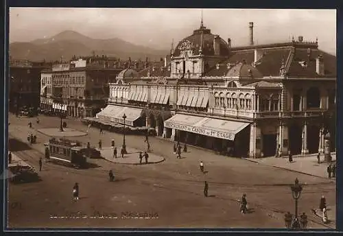 AK Nice, place Masséna, restaurant du Casino, Strassenbahn