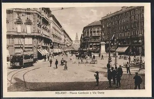 AK Milano, Piazza Cordusio e Via Dante, Strassenbahn